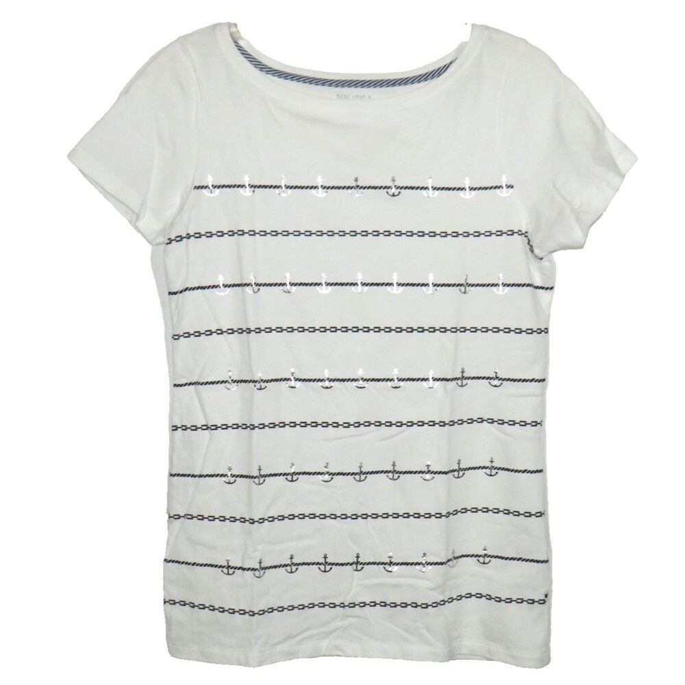 Nautica Women's Anchor Rope Print Coastal Nautical Cotton Slim Fit Tee Sz Medium